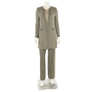 St. John 3Pc Long Tweed Jacket, Top & Pant Suit in Natural Multi sz 2/P/4